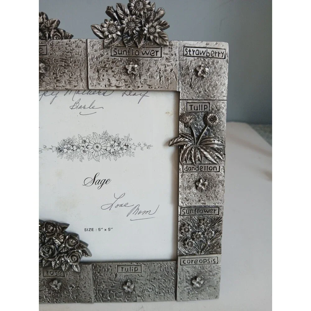 Vtg Sage  Floral Pewter Picture Frame  5 X 5 Rose Tulip Sunflower Strawberry